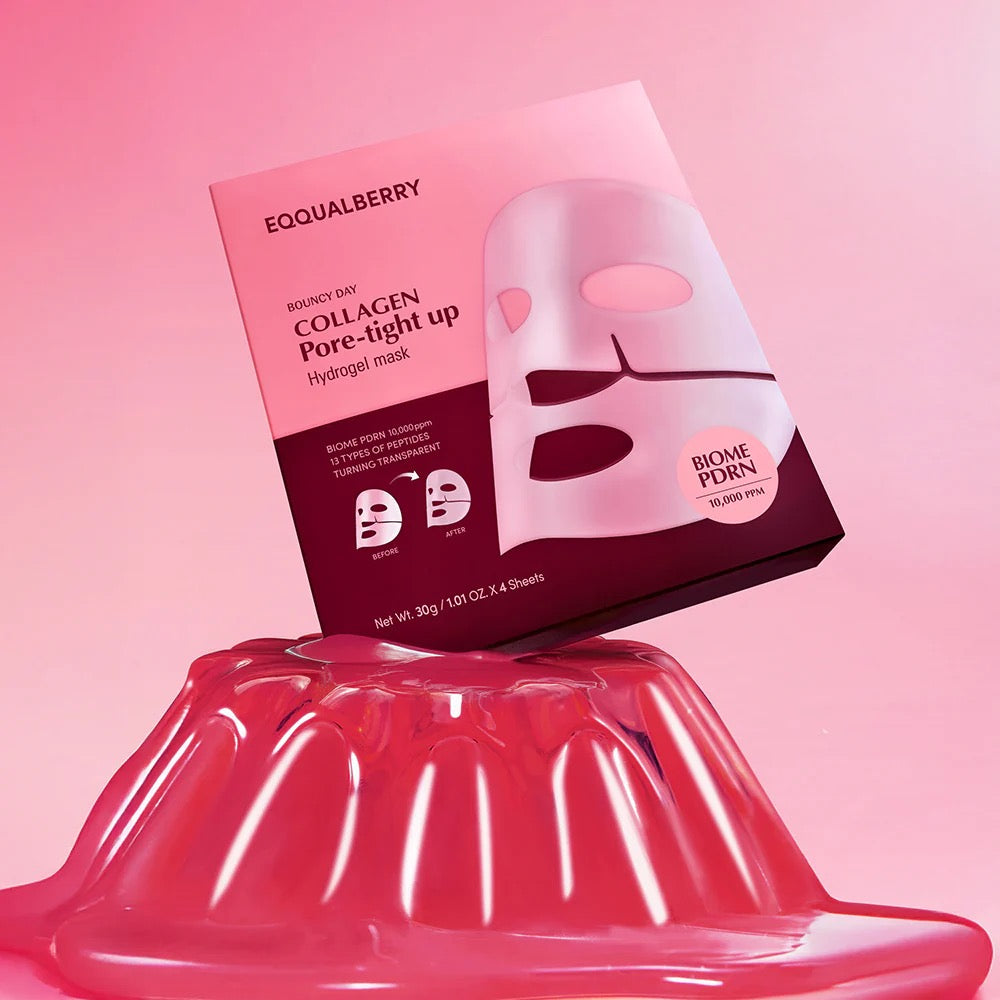 Collagen pore-tight up hydrogel mask packaging on a pink background