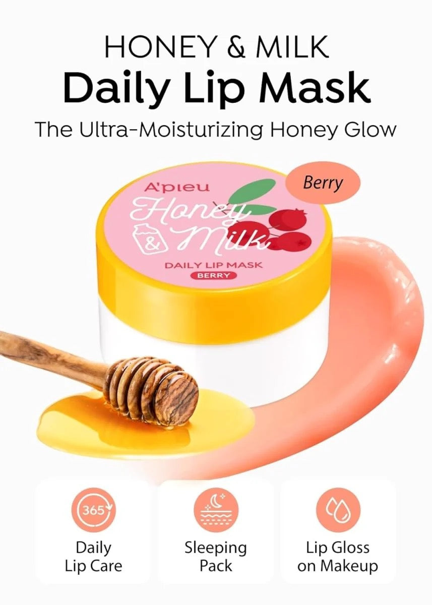 A'pieu Honey & Milk Daily Lip Mask with honey and lip gloss on a white background