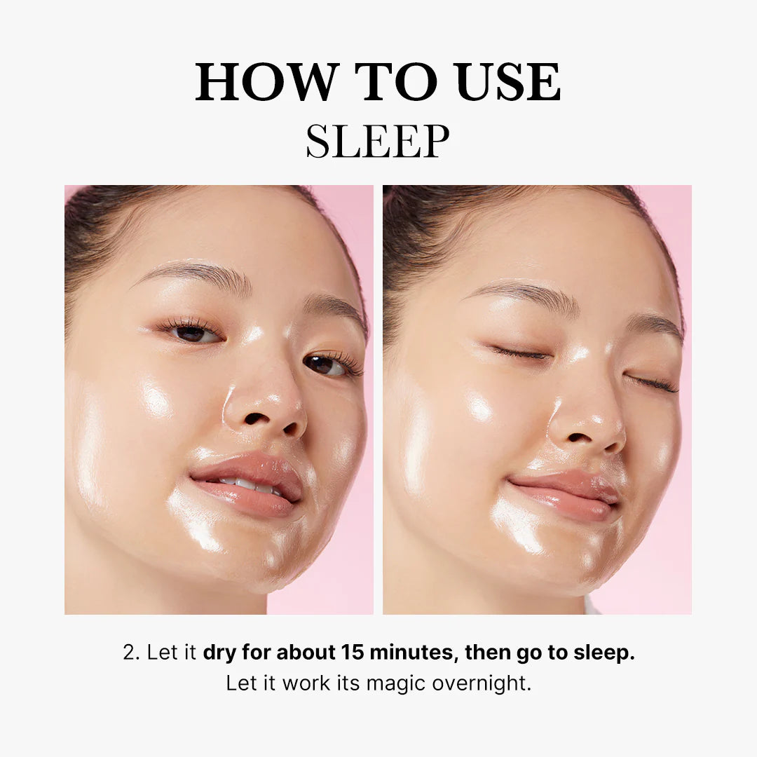 Instructions on how to use a skincare product by applying it to the face and letting it dry overnight.