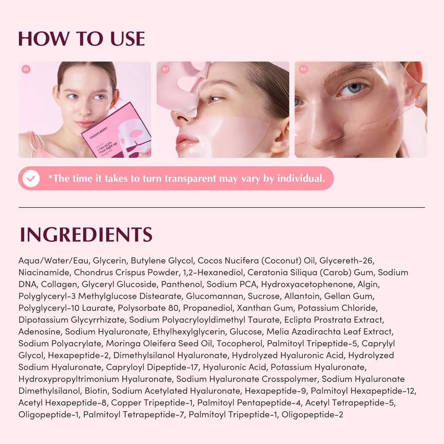 Product usage guide with images of a woman applying a product and text about ingredients on a light pink background.