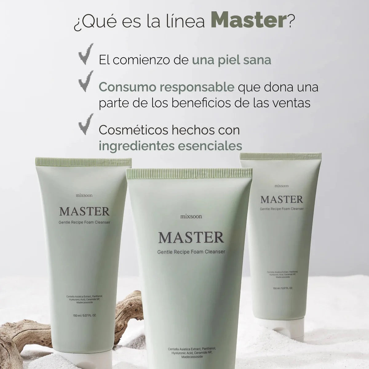 Three Master skincare products on a textured surface with text about the brand's values.
