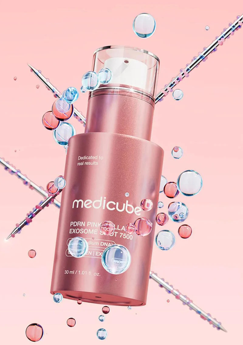 Pink skincare bottle with 'medicuba' branding on a pink background with bubbles.