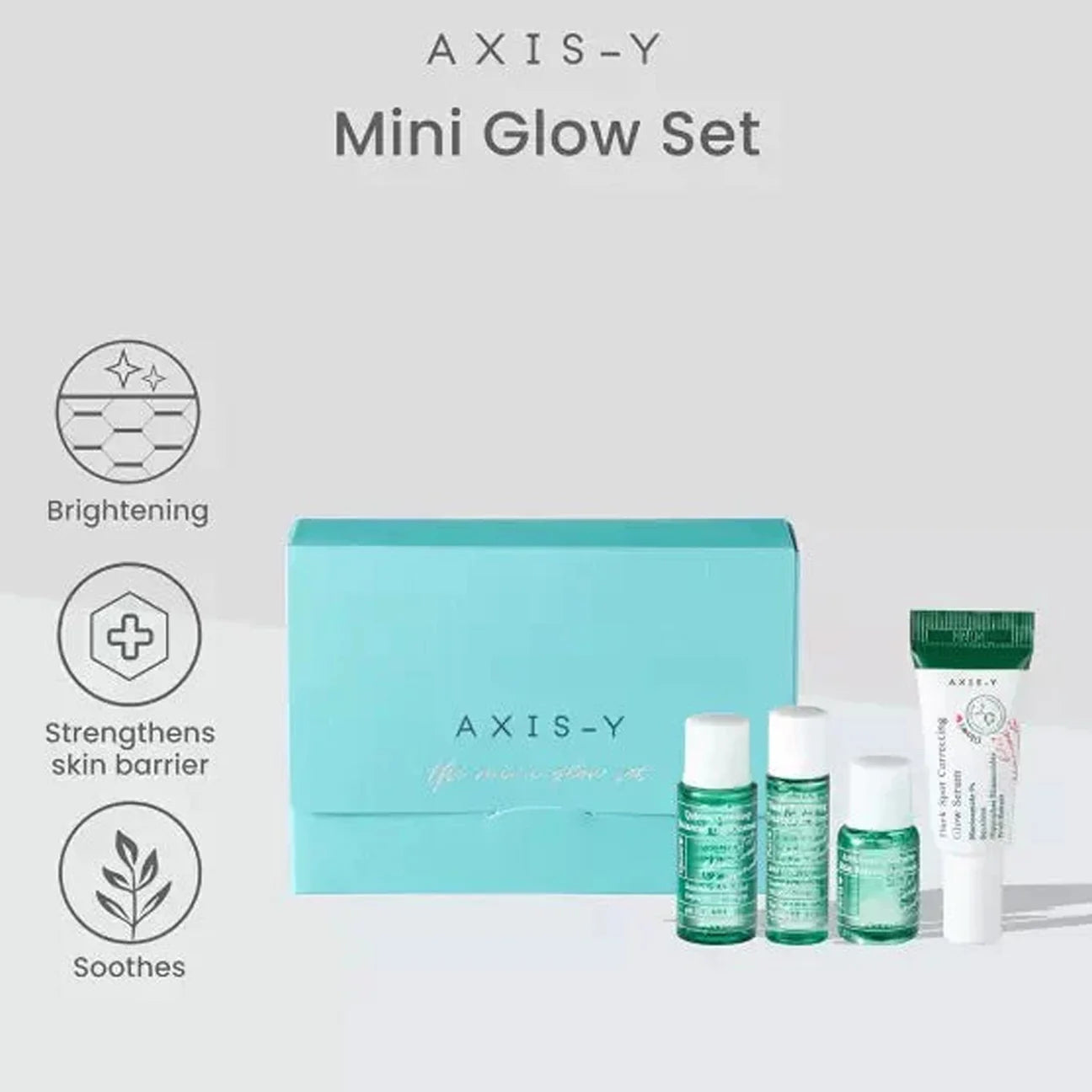 AXIS-Y Mini Glow Set with turquoise box and skincare products on a white background