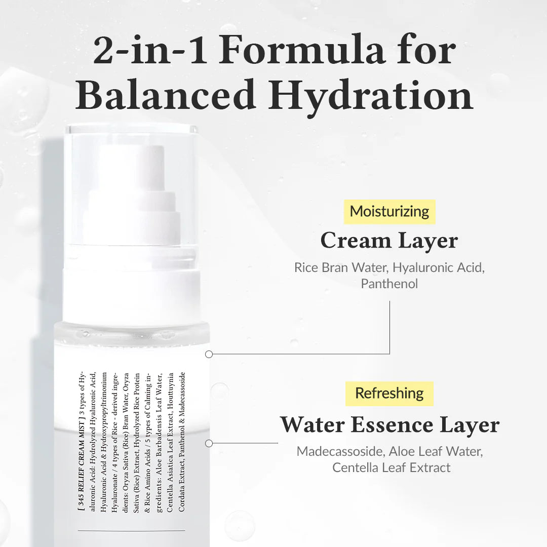 Skincare product with text detailing a 2-in-1 formula for balanced hydration on a white background.