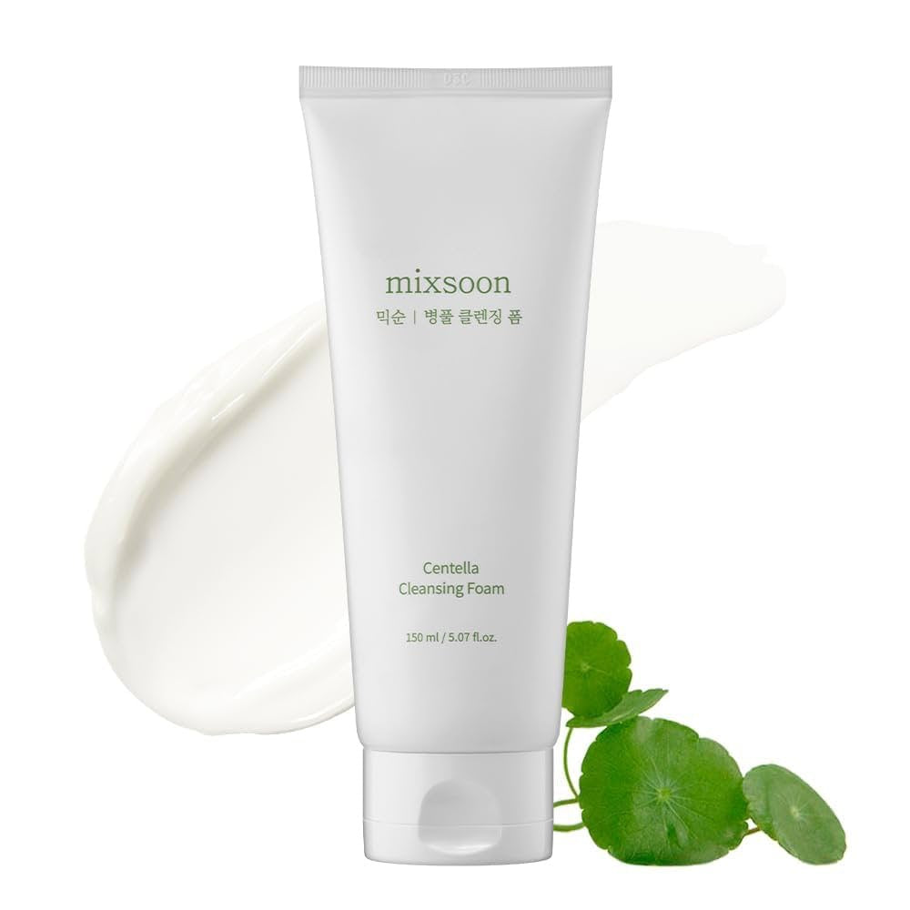 Tube of mixsoon Centella Cleansing Foam with a leaf on a white background