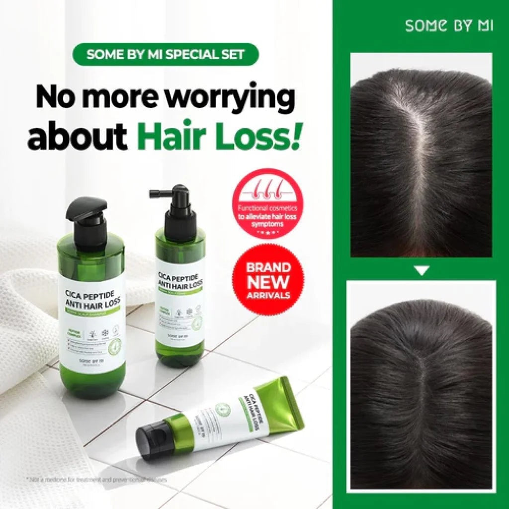Promotional image of hair care products with text 'No more worrying about Hair Loss!' and 'SOME BY MI' branding.