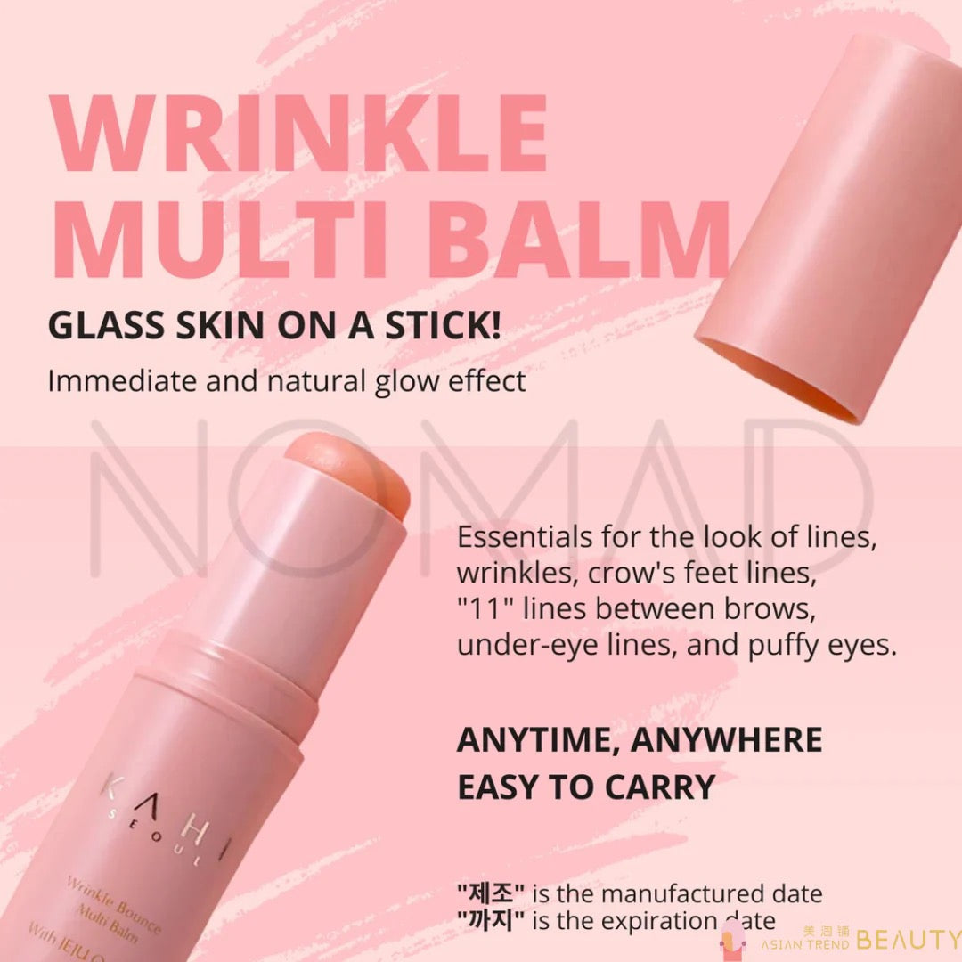 Wrinkle multi balm with text on a pink background