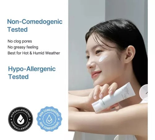 Woman applying cream with text about product features on the left