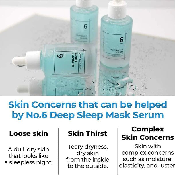 Three bottles of No.6 Deep Sleep Mask Serum on a white surface with text about skin concerns.