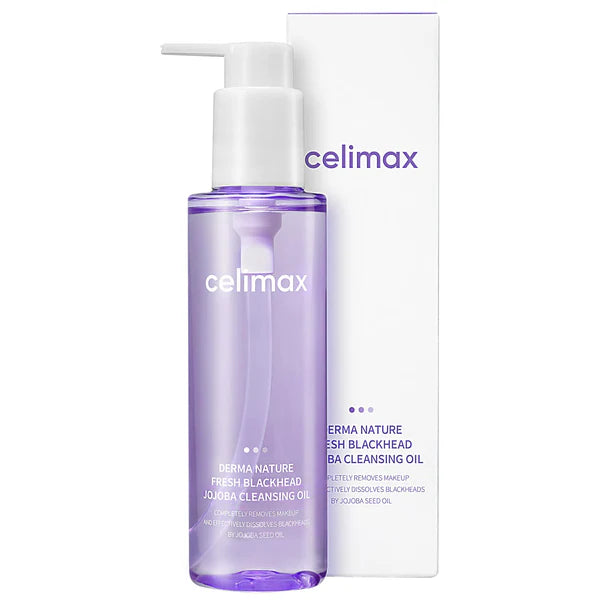 Celimax cleansing oil bottle with pump and packaging on a white background