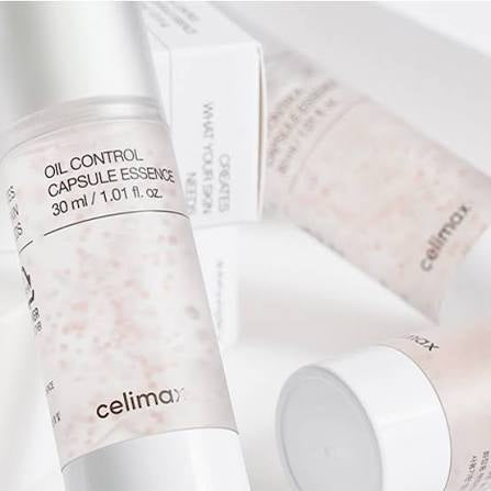 Celimax oil control capsule essence bottle on a light background