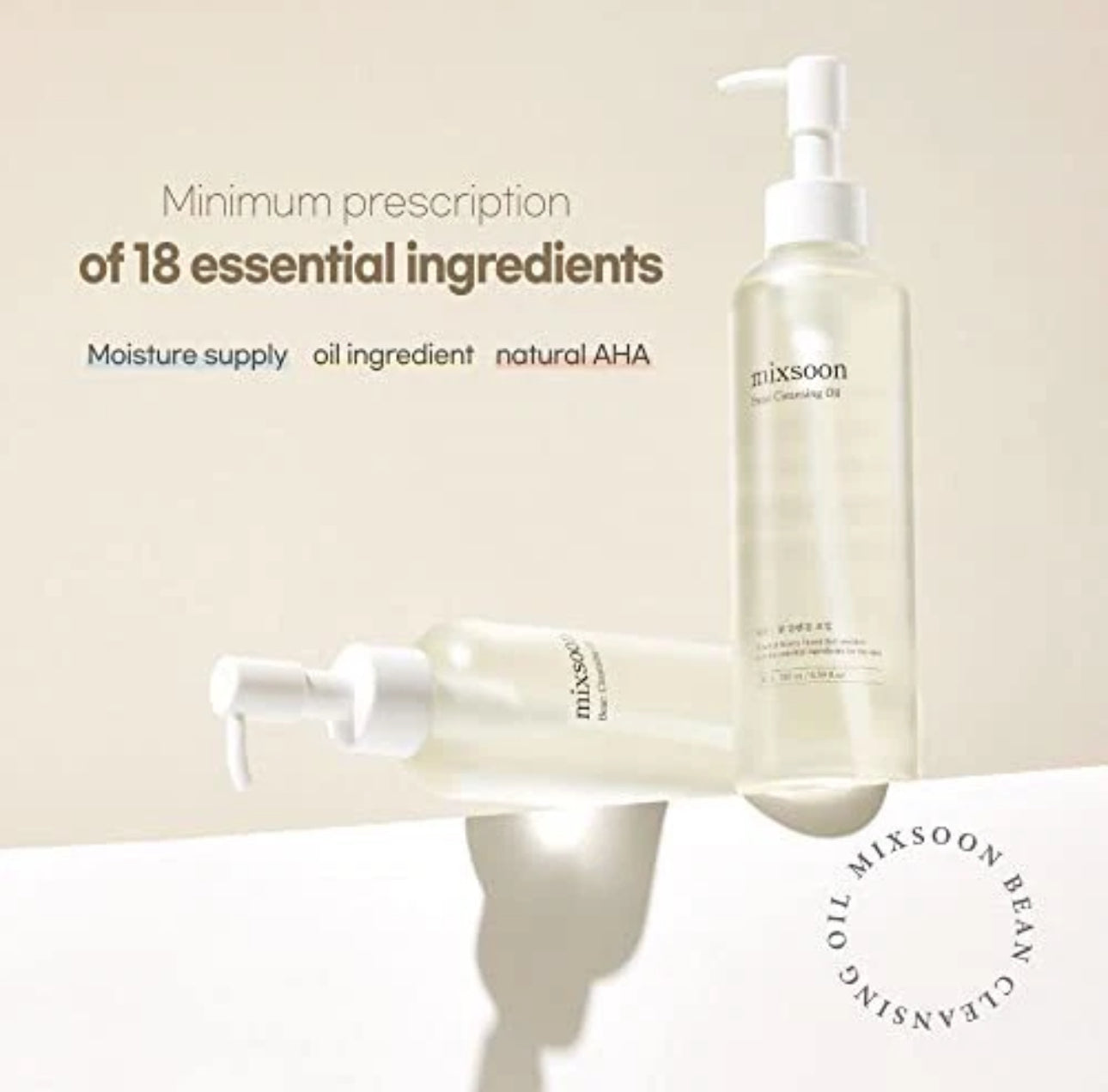 Two skincare products with text about essential ingredients on a beige background