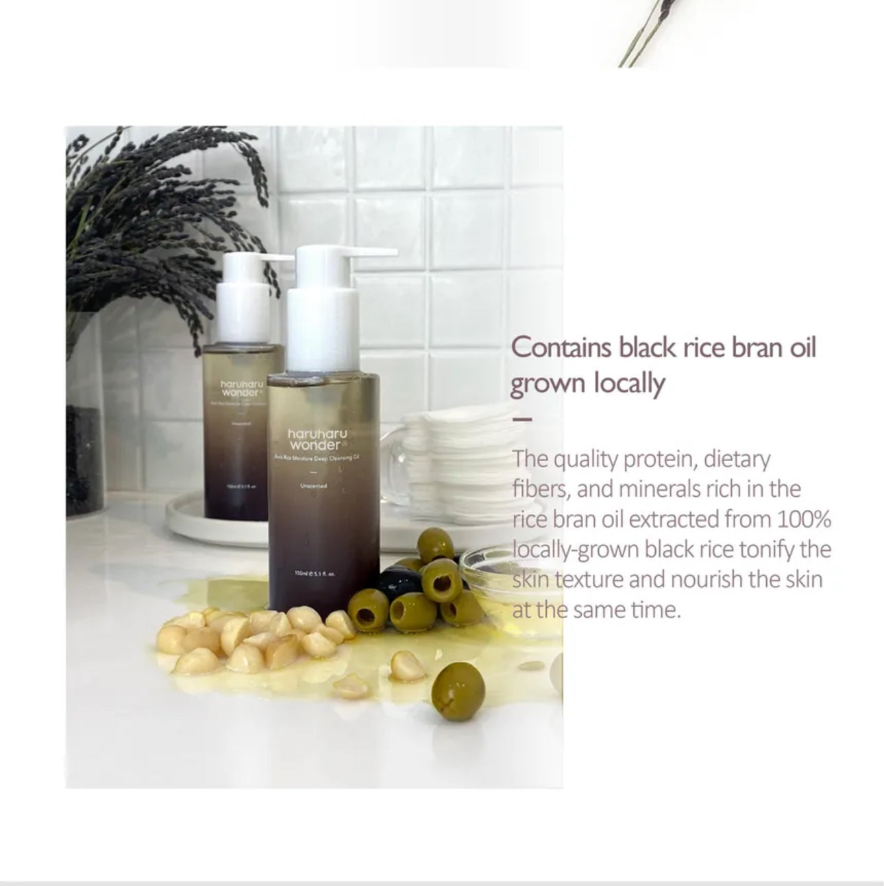 Two skincare bottles with text about black rice bran oil on a white background