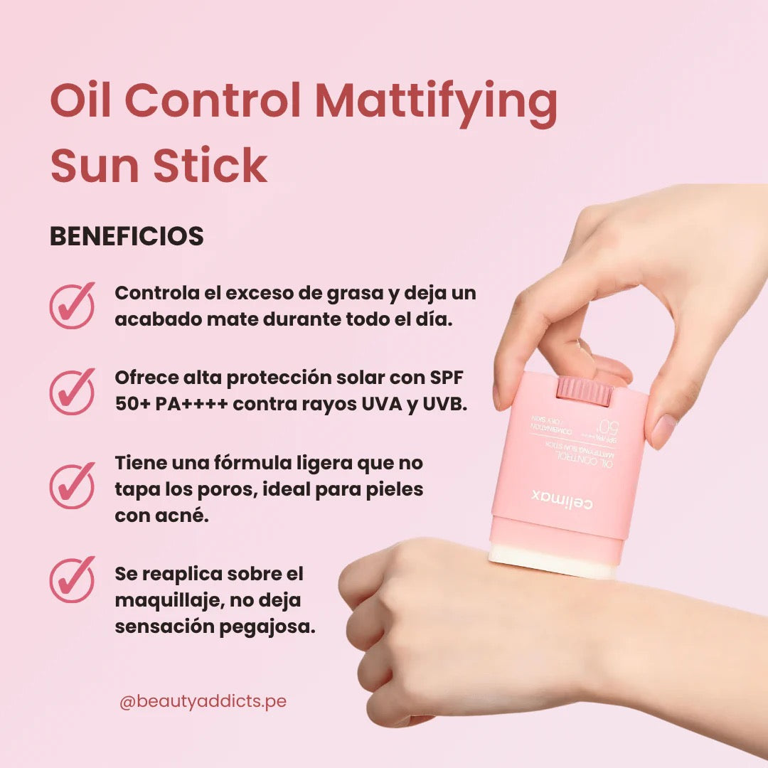 Pink oil control mattifying sun stick with text on a pink background