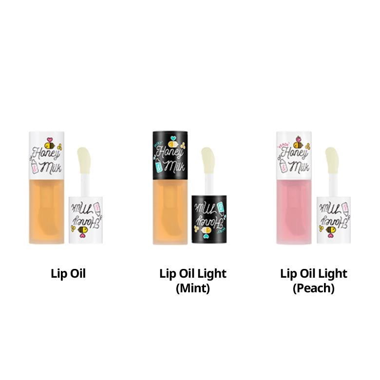 Set of lip oils with labels indicating flavor and brand on a white background