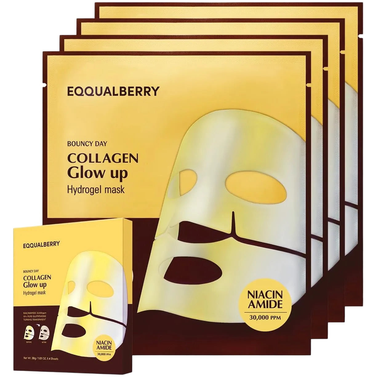 Collagen hydrogel mask packaging with 'Equalberry' branding on a white background