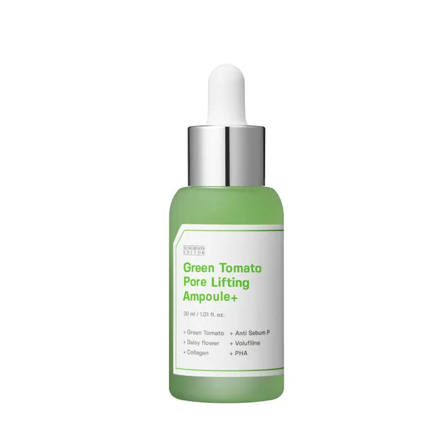 Green Tomato Pore Lifting Ampoule bottle with dropper on a white background