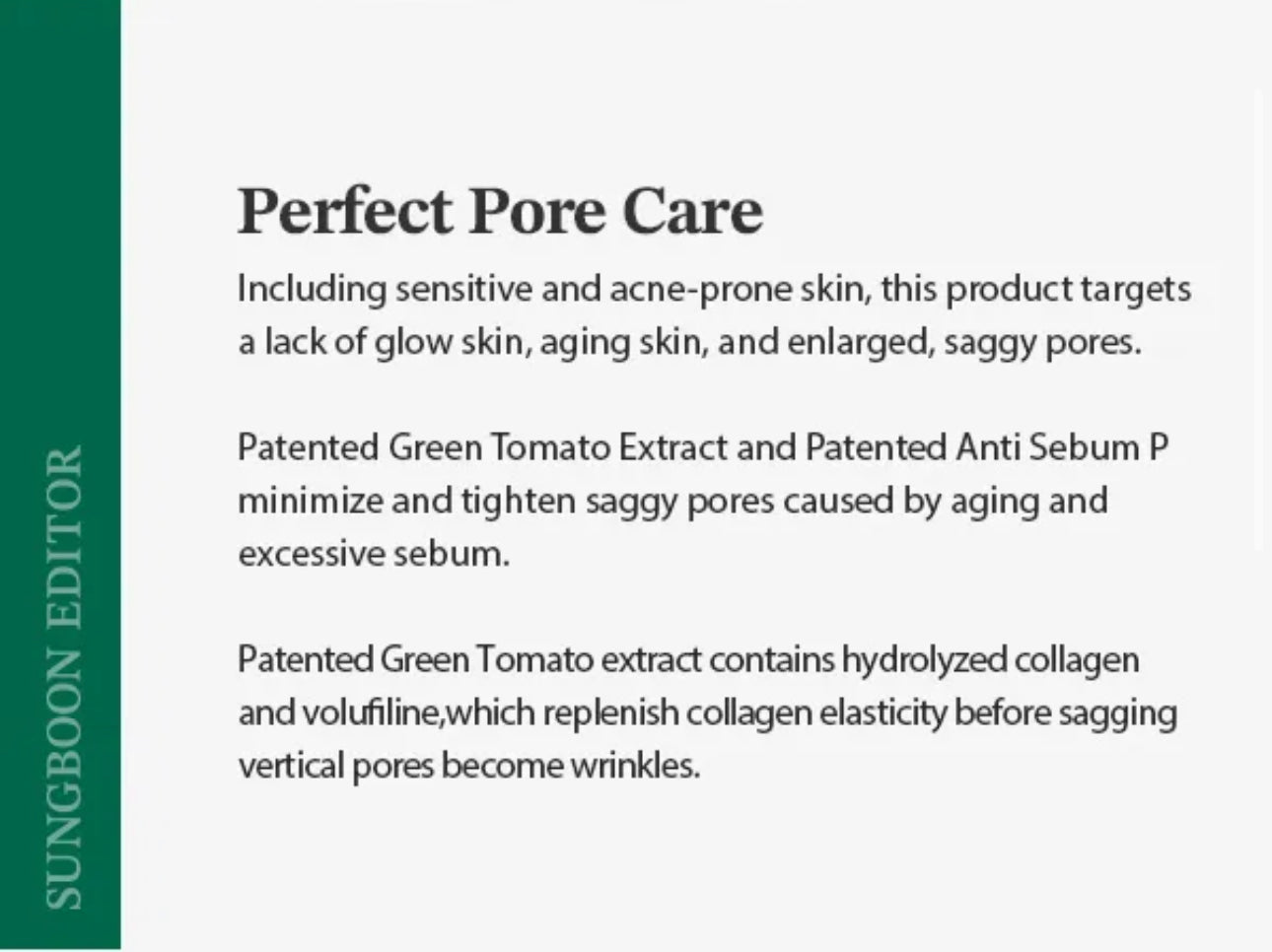 Product description for 'Perfect Pore Care' with text about skin care benefits and ingredients.