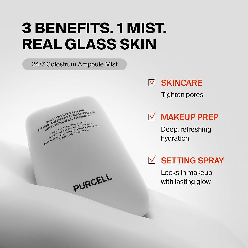 PURCELL 24/7 Colostrum Ampoule Mist packaging with benefits listed on a light gray background