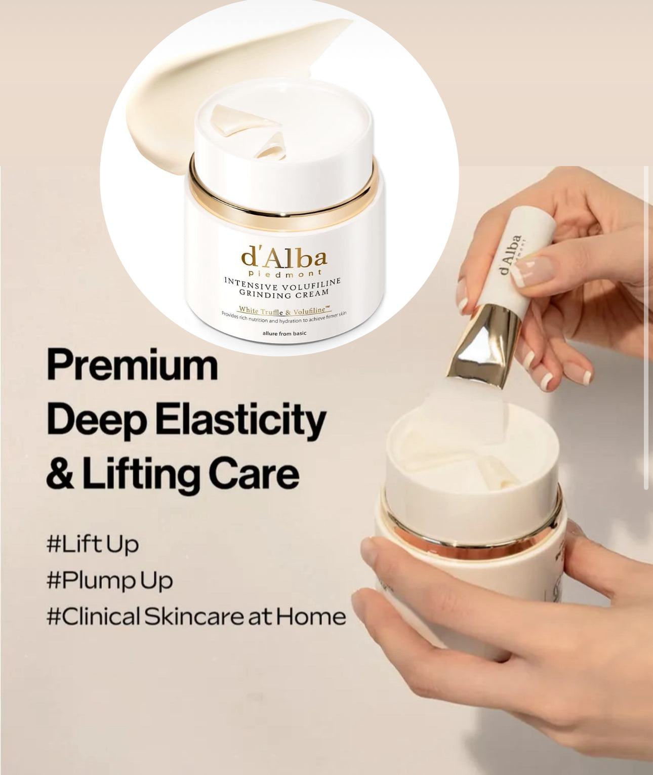 d'Alba skincare product with a hand applying cream and text highlighting features.
