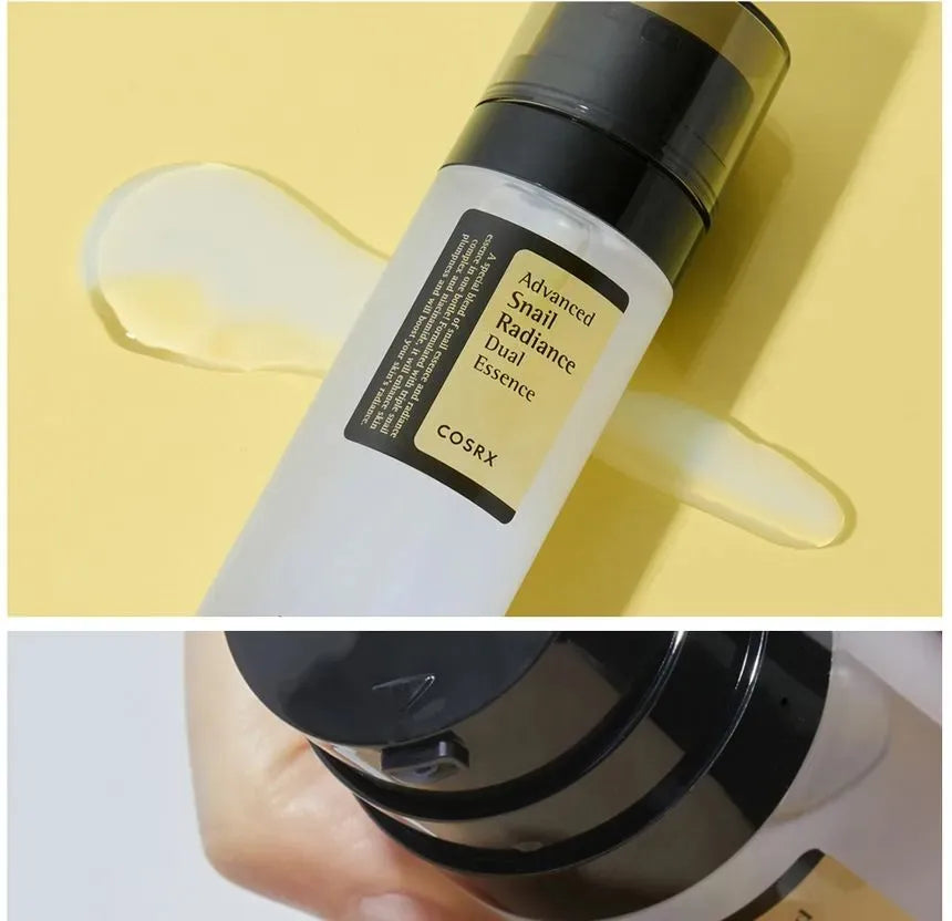Cosrx Advanced Snail Radiance Dual Essence bottle with pump on a yellow background