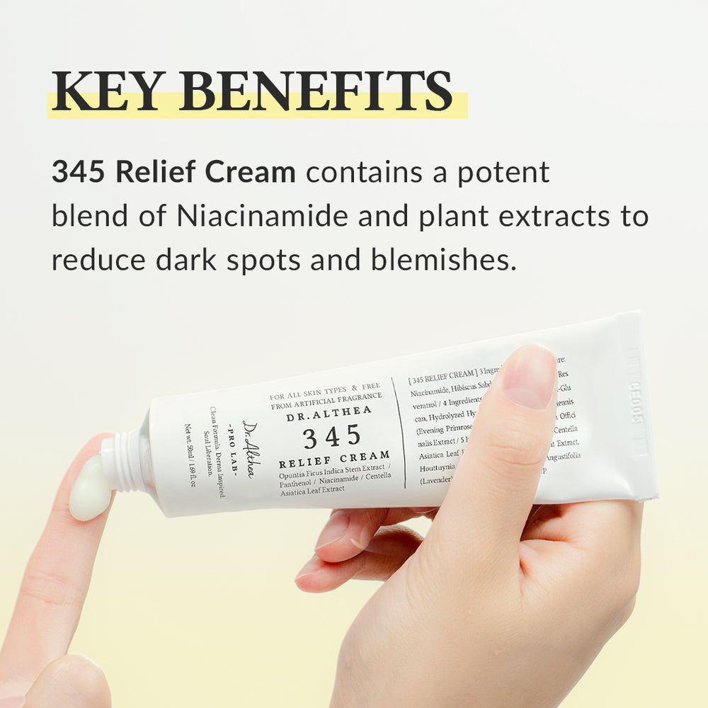 Dr. Altura 345 Relief Cream being held with text about its key benefits.