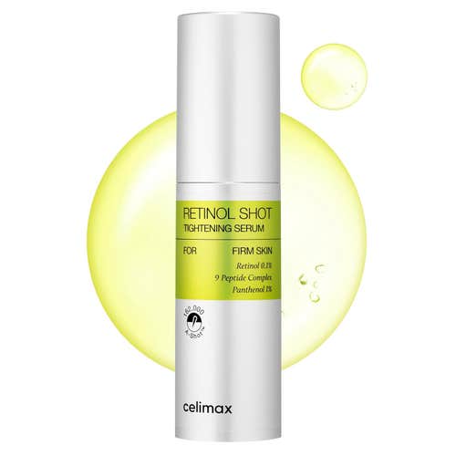 Celimax Retinol Shot Tightening Serum bottle with yellow circles on a white background
