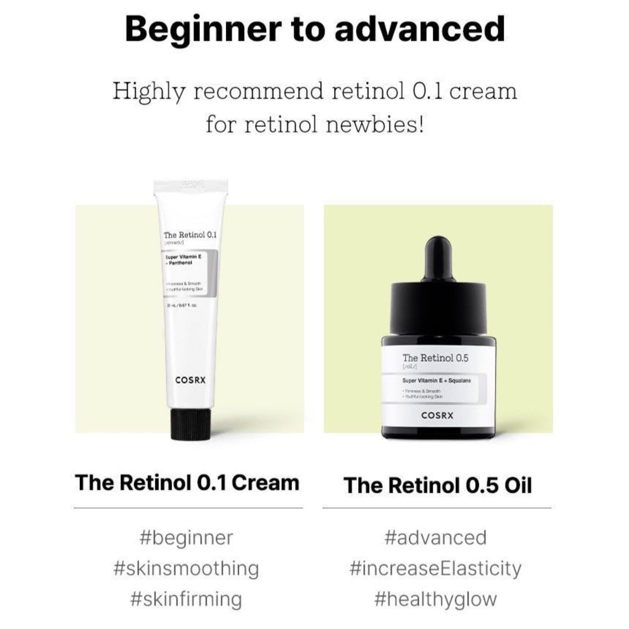 Cosrx retinol cream and oil with product descriptions on a white background