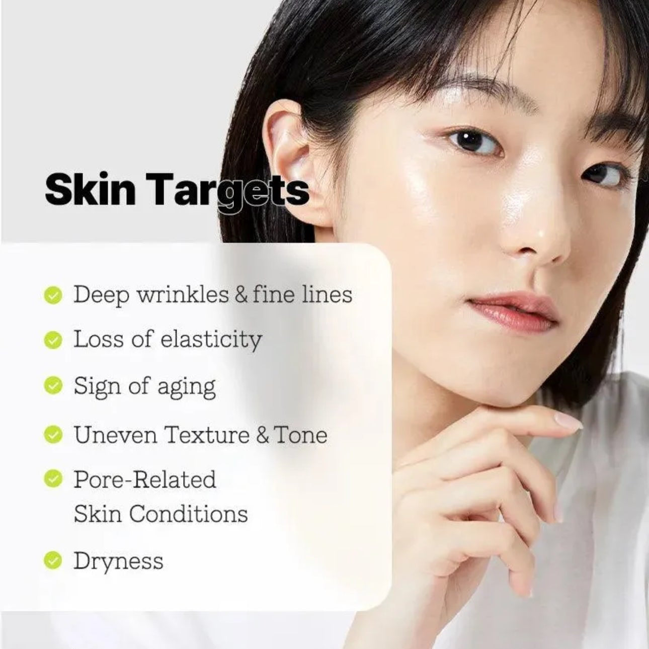CosRX skincare product advertisement with a woman's face and skin targets listed.