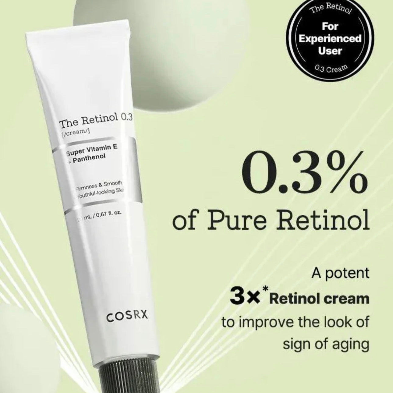 Cosrx Retinol 0.3 cream tube on a light green background with text about retinol content.