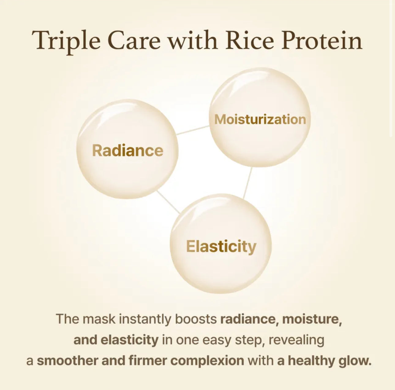 Diagram of rice protein benefits for skin care with 'Radiance', 'Moisturization', and 'Elasticity' on a beige background.
