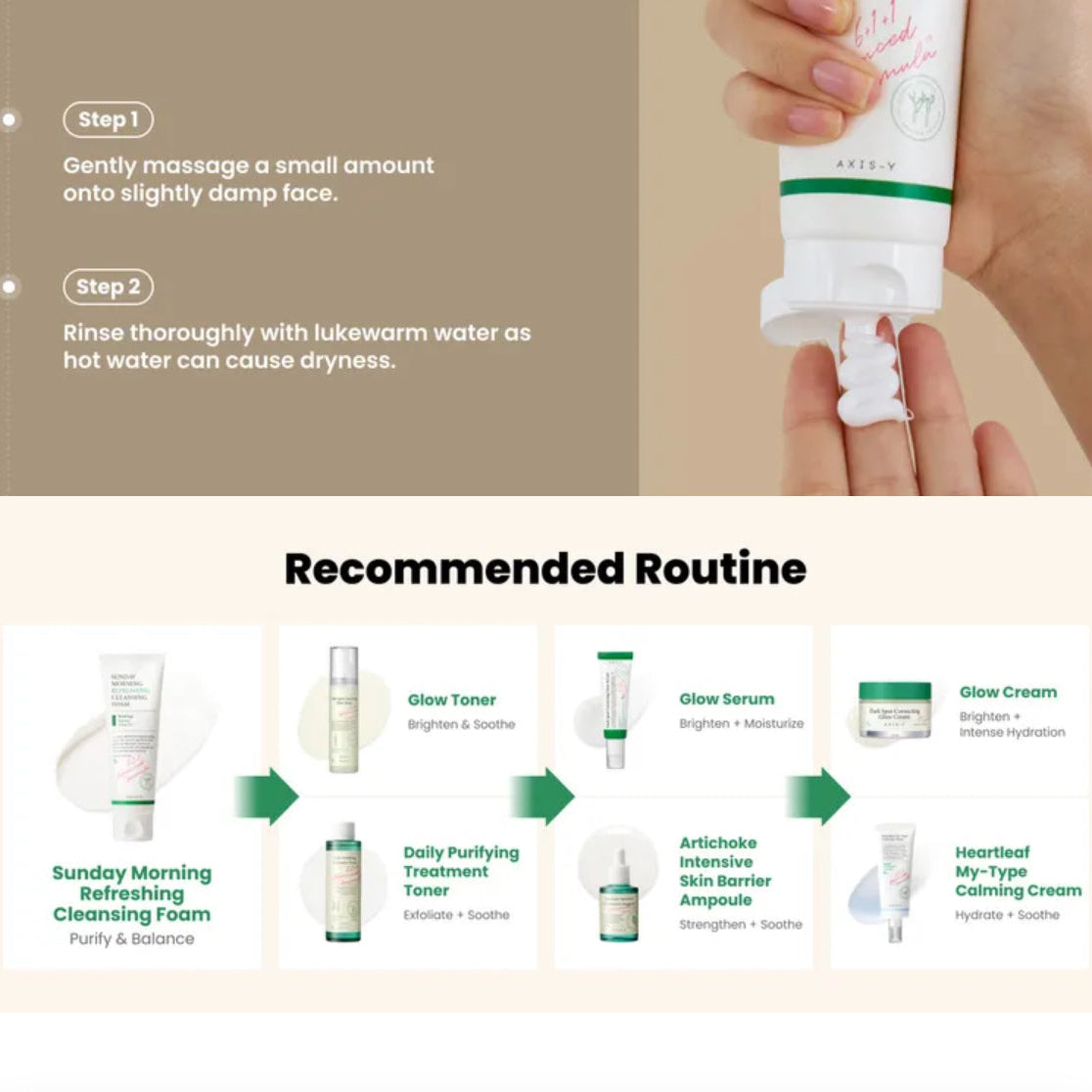 Cosmetic product being applied with steps displayed and a recommended skincare routine shown.