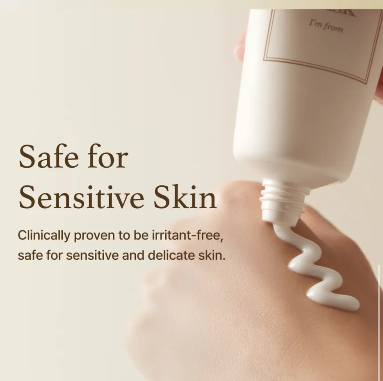 Hand applying a tube of cream with text about safe use for sensitive skin.
