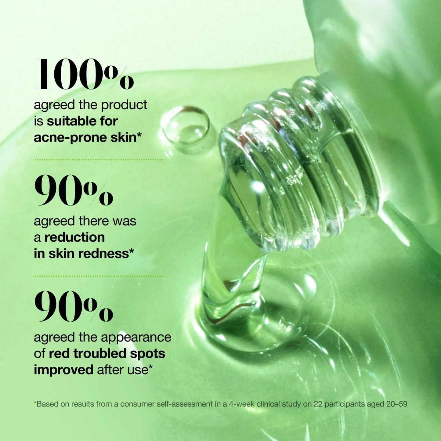 Product bottle with droplets on a green background, featuring text about skin benefits.