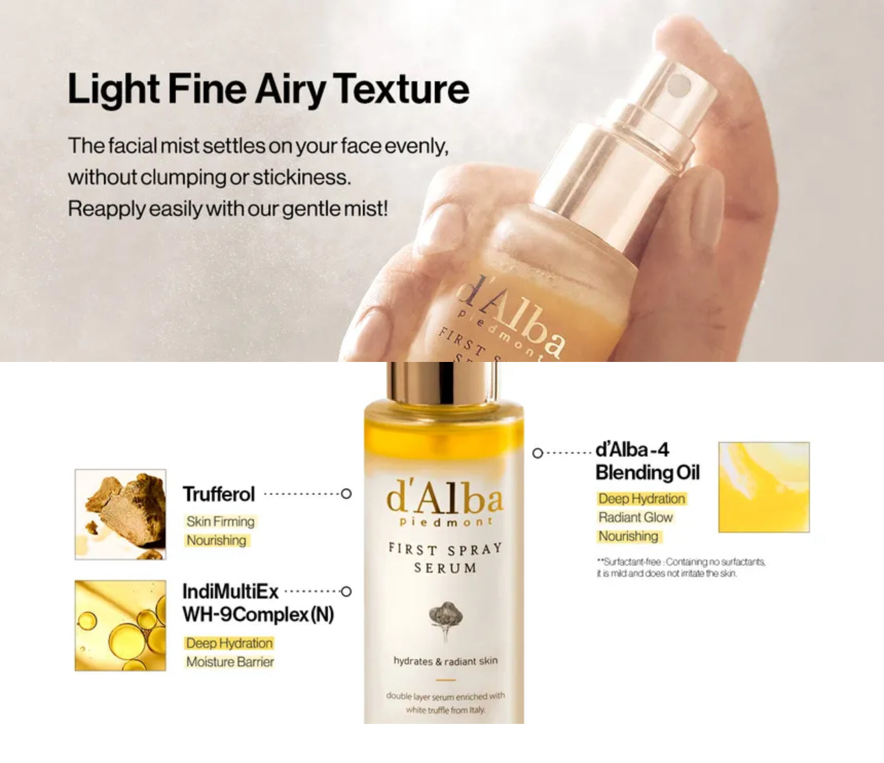 d'Alba skincare products with text on light fine airy texture