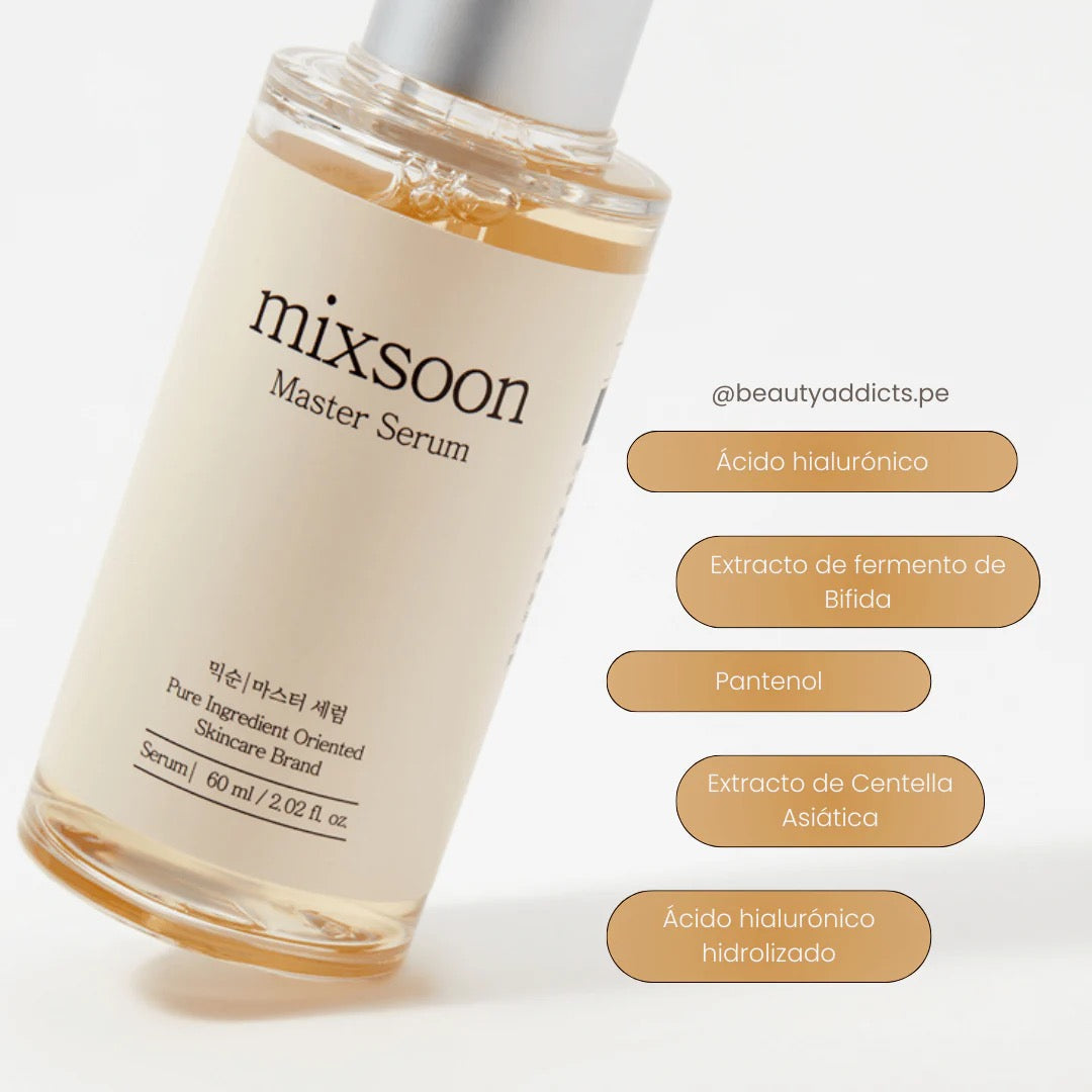 mixsoon Master Serum bottle with ingredients listed on a light background