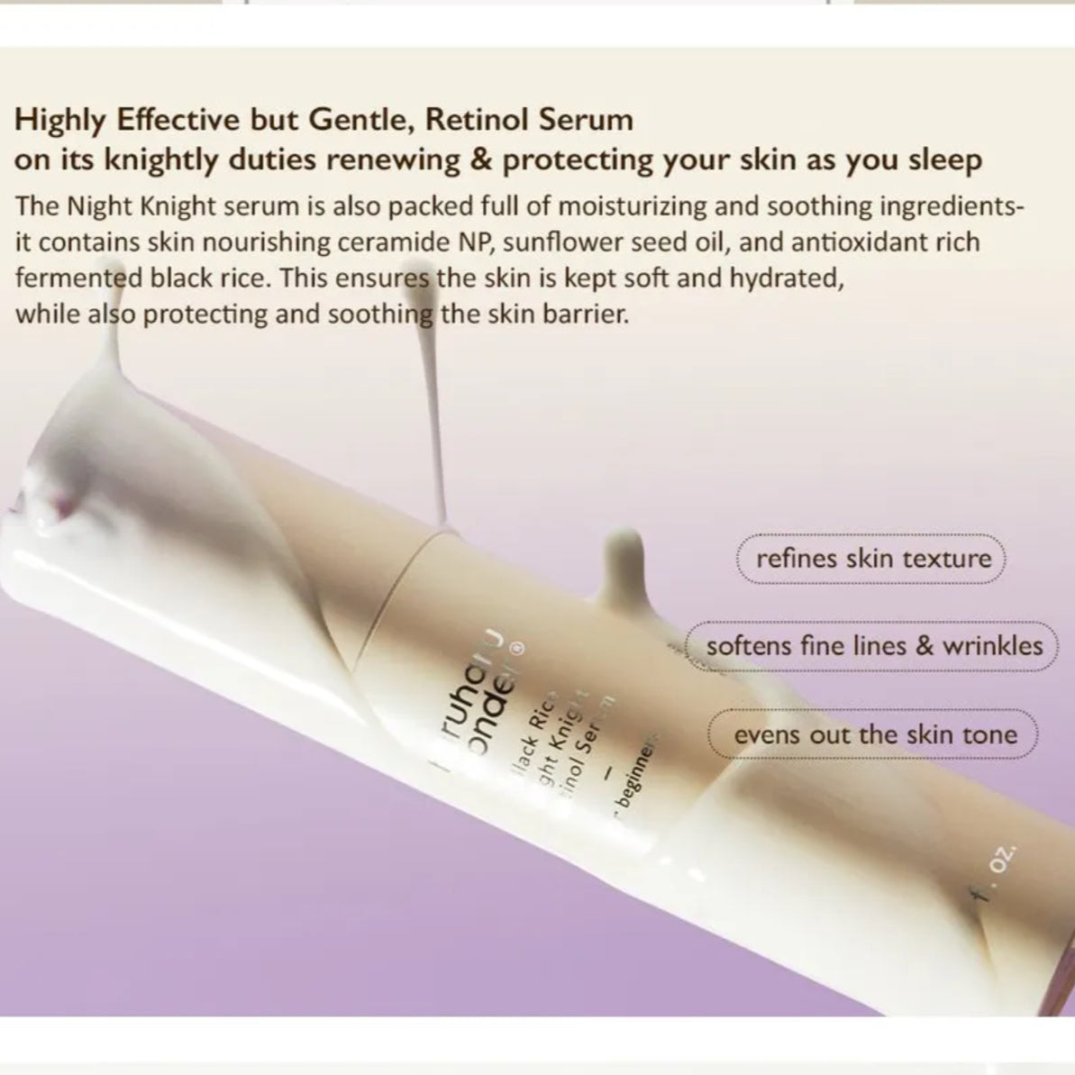 Retinol serum bottle with text about its benefits on a light purple background