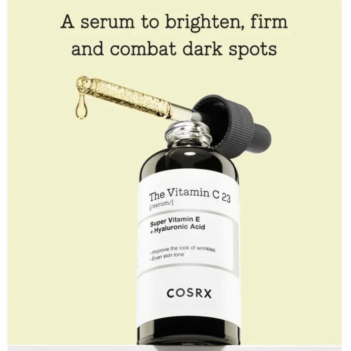Cosrx serum bottle with dropper on a light yellow background