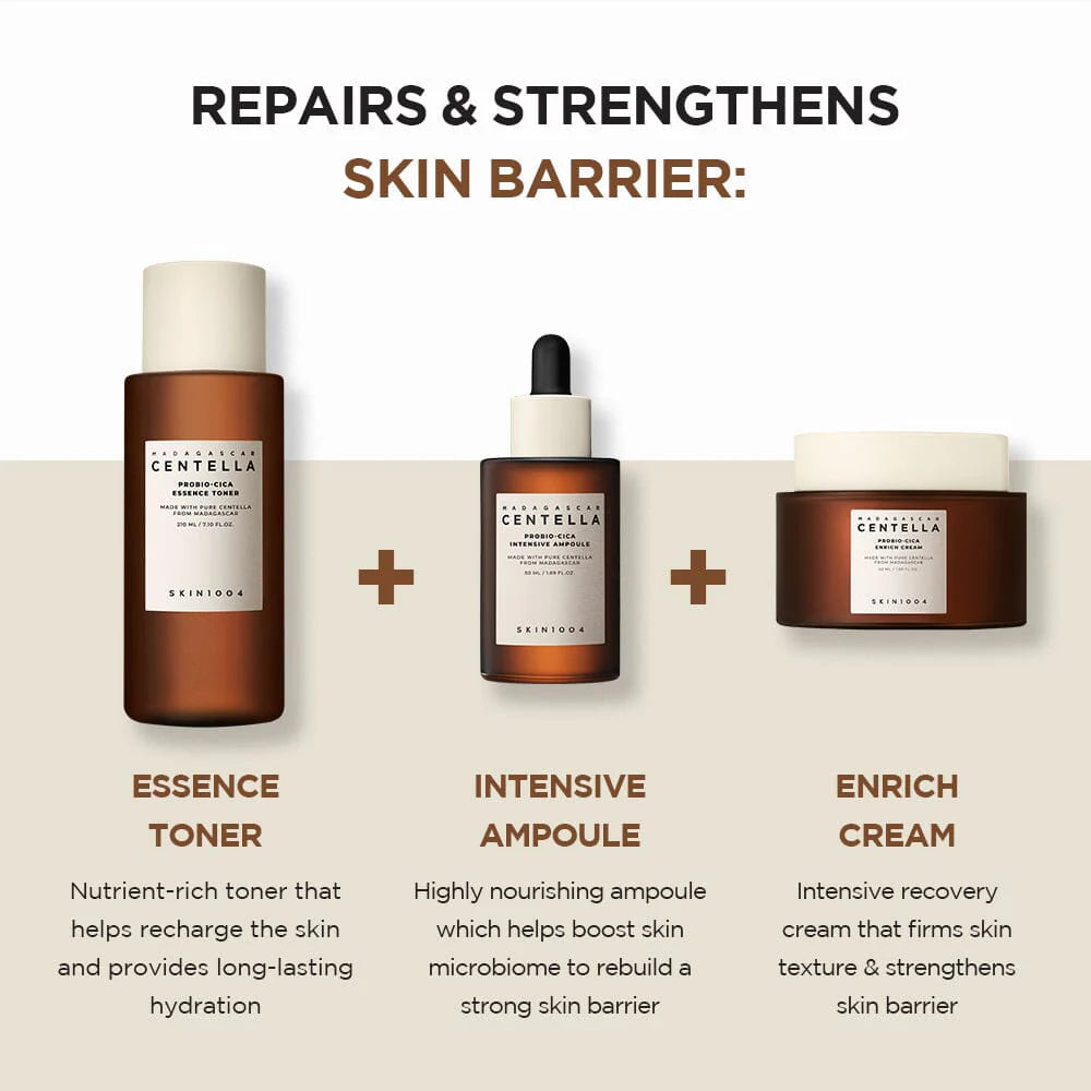 Three skincare products with labels on a beige background