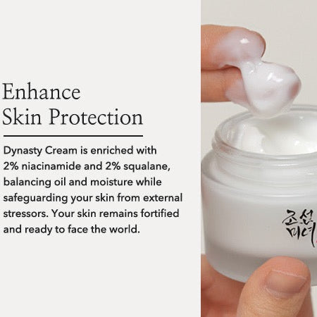 Jar of Dynasty Cream with text about skin protection and ingredients.