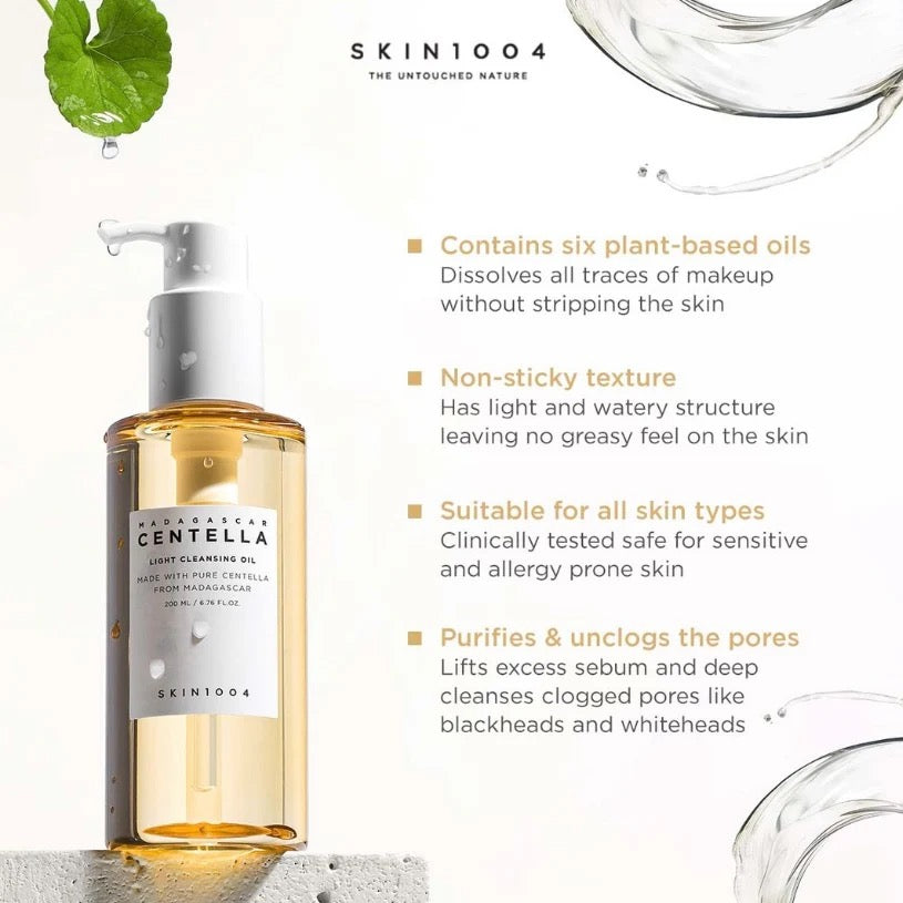 SKIN1004 cleansing oil bottle with product features on a white background