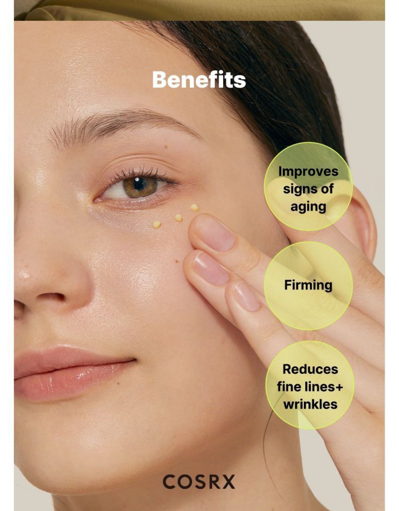 Woman applying skincare product with COSRX benefits listed