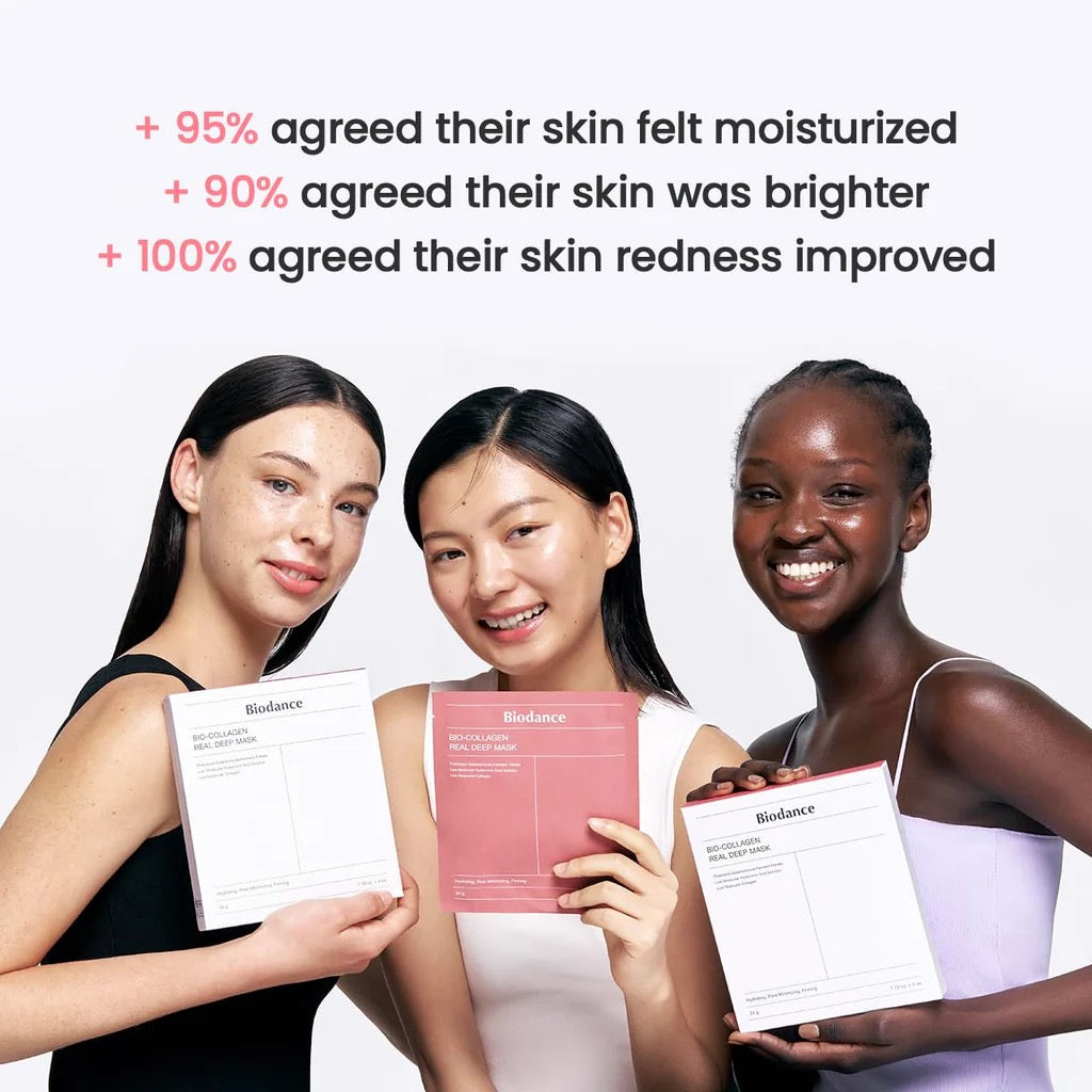 Three women holding Bidance skincare products with text about skin improvement.