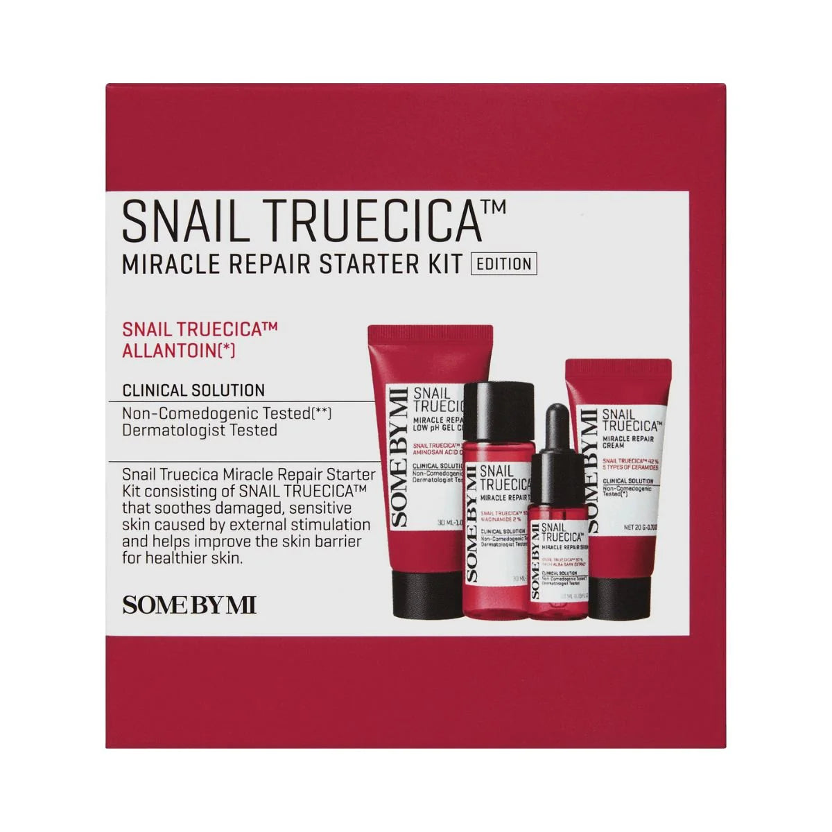 Snail Truecica Miracle Repair Starter Kit packaging with skincare products on a white background
