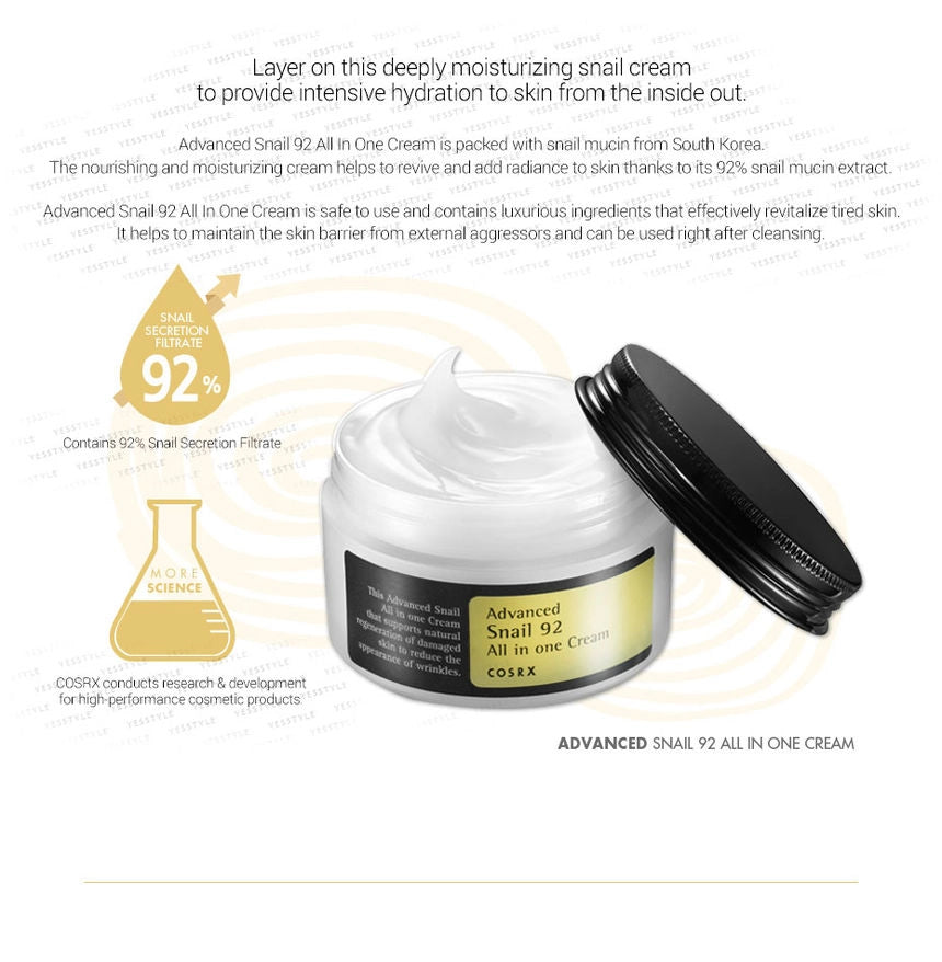 CosRX Advanced Snail 92 All In One Cream jar with text on a white background