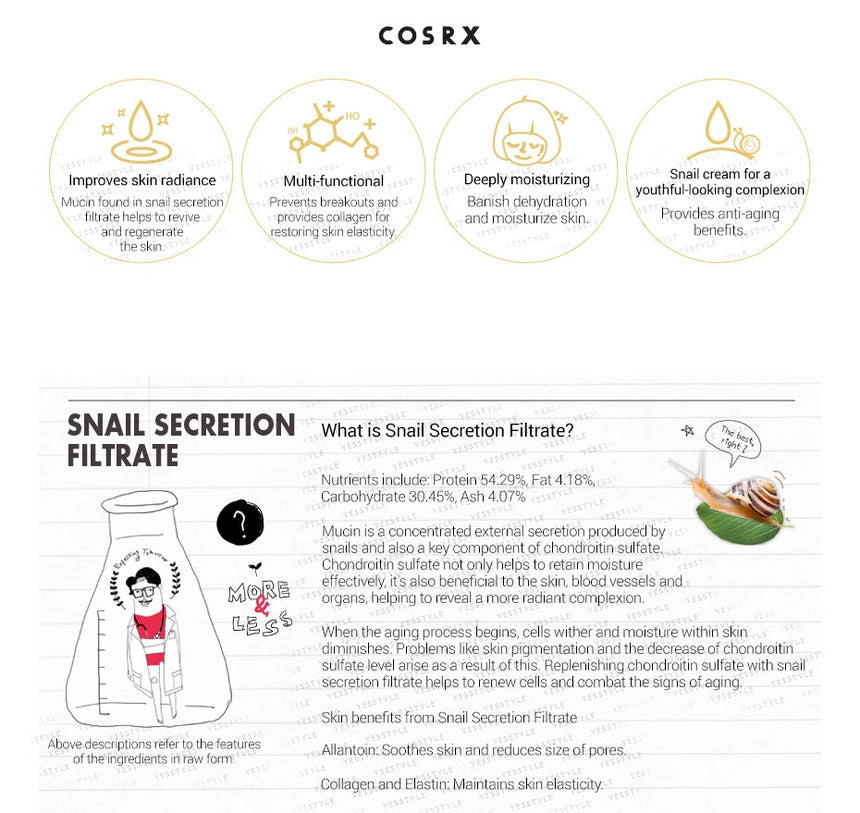 Cosrx product description with snail secretion filtrate benefits and features.