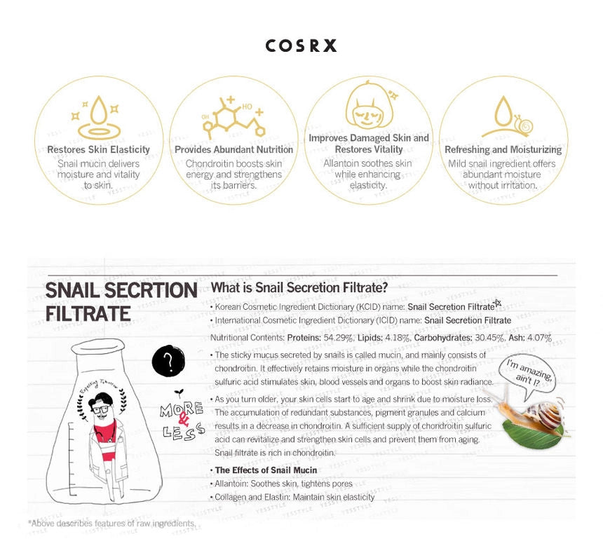 Cosrx snail secretion filtrate product description with icons and text on a white background