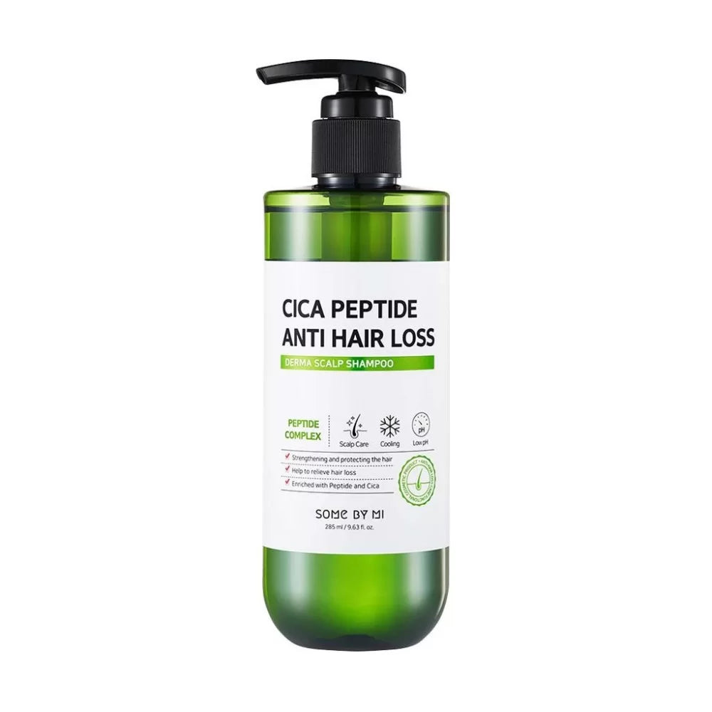 Green shampoo bottle with pump labeled 'Cica Peptide Anti Hair Loss' on a white background