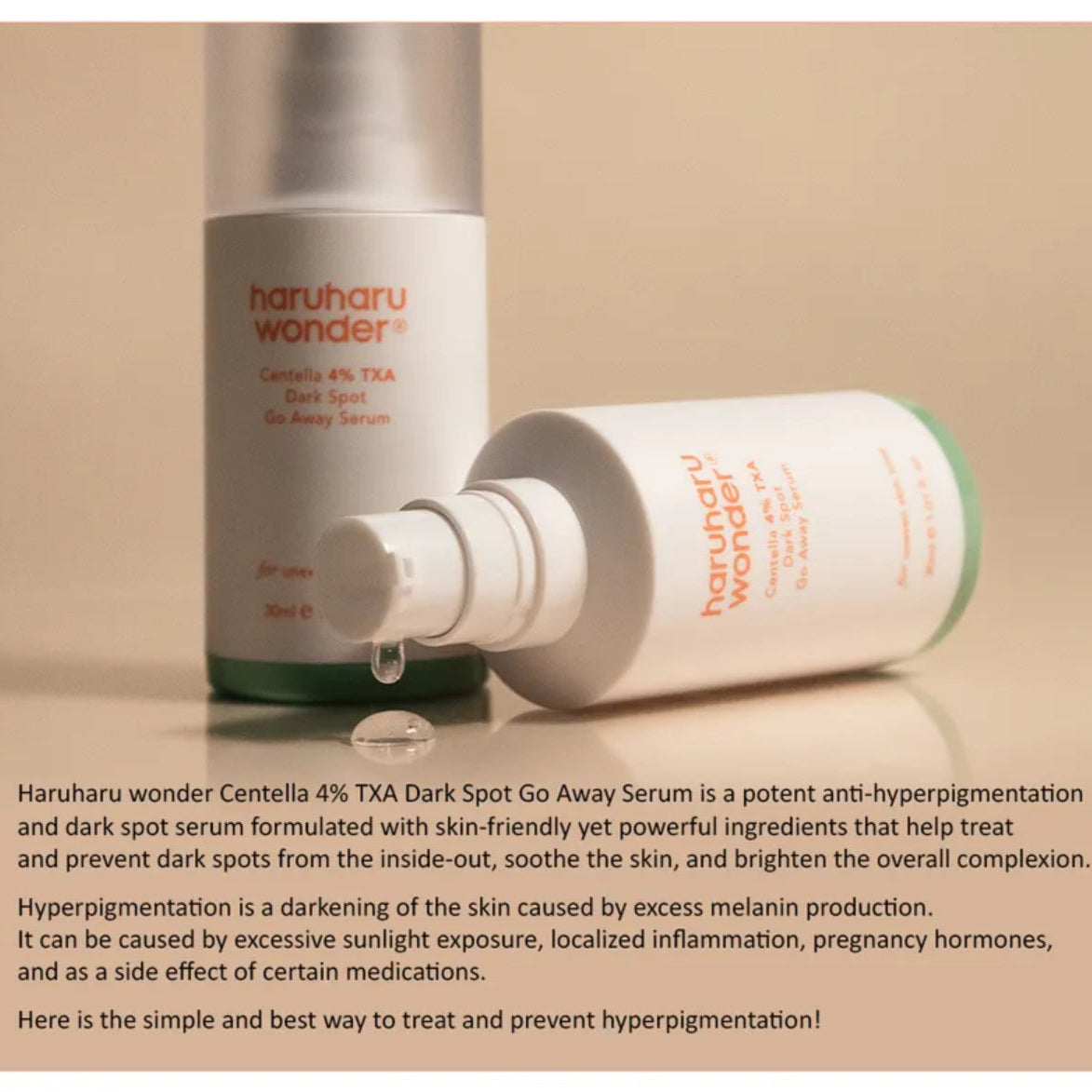 Haruharu wonder Centella 4% TXA Dark Spot Go Away Serum on a beige background