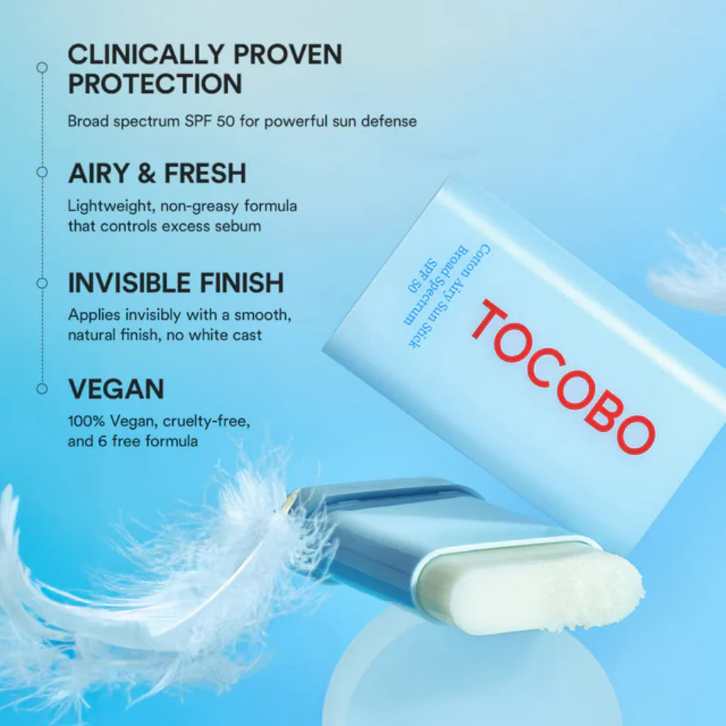 Tocomo skincare product with features listed on a blue background